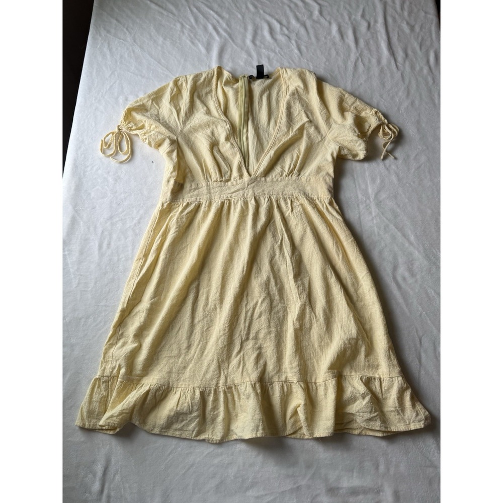 SBetro Cotton Short Yellow Dress Puff Tie Sleeve Ruffle Sweetheart Neck XL